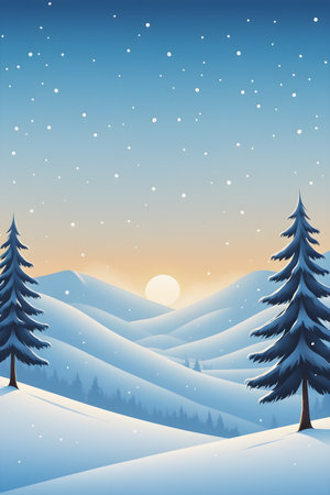 Winter landscape with fir trees and snowflakes. Vector illustration.の素材