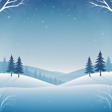 Winter landscape with fir trees and snowflakes. Vector illustration.の素材