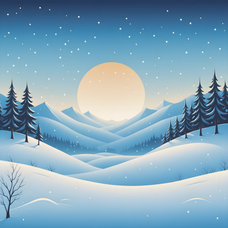 Winter landscape with fir trees, hills and moon. Vector illustration.の素材