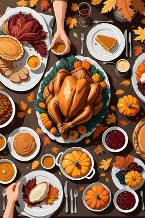 Thanksgiving dinner table with roasted turkey, pumpkin pie, mashed potatoes, pie and autumn leaves. Vector illustrationの素材
