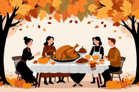 Thanksgiving dinner party in the autumn park. Vector illustration in flat styleの素材