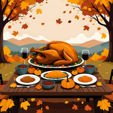 Thanksgiving dinner with roasted turkey on wooden table. Vector illustration.の素材