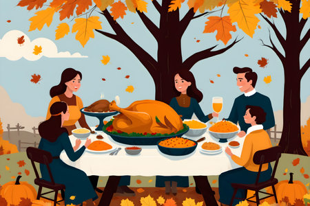 Thanksgiving dinner party with roasted turkey and family in autumn park vector illustrationの素材