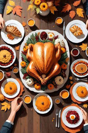 top view of family having Thanksgiving dinner at wooden table with roasted turkeyの素材