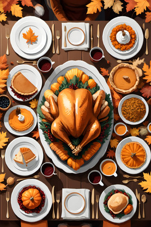 Thanksgiving dinner table top view with roasted turkey, pumpkin, pie, pumpkins, candies and autumn leaves on wooden background, vector illustrationの素材
