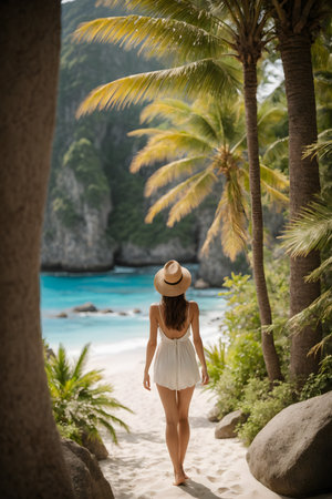 Back view of young woman in white dress and straw hat standing on tropical beachの素材