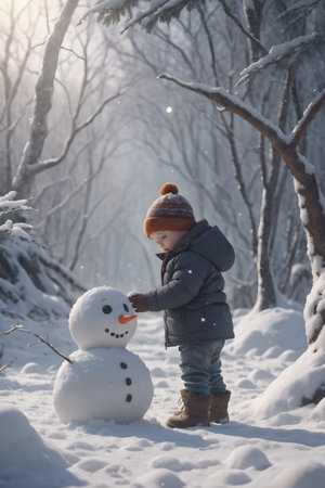 Little boy making a snowman in winter forest. Cute child playing with snow.の素材