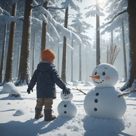 Little boy making a snowman in winter forest. Christmas and New Year holidays concept.の素材
