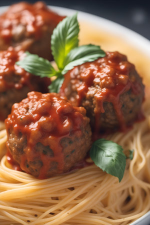 Spaghetti with meatballs and tomato sauce on black background, closeupの素材