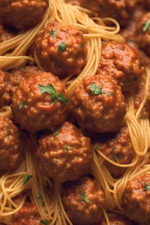 Spaghetti with meatballs in tomato sauce. Top view. Selective focus.の素材