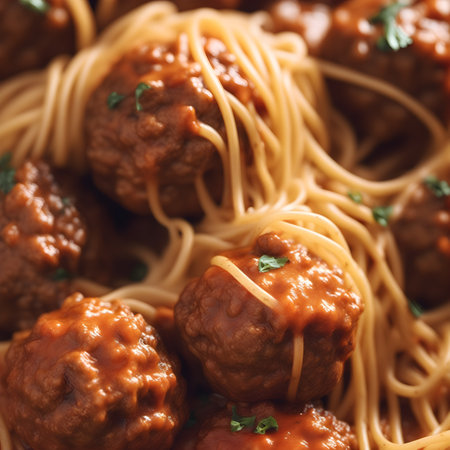 Spaghetti with meatballs and tomato sauce, close-up.の素材