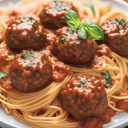 Spaghetti with meatballs and tomato sauce, close-up.の素材