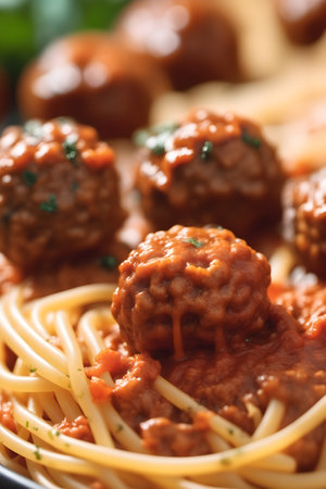Spaghetti with meatballs and tomato sauce, closeup, horizontalの素材