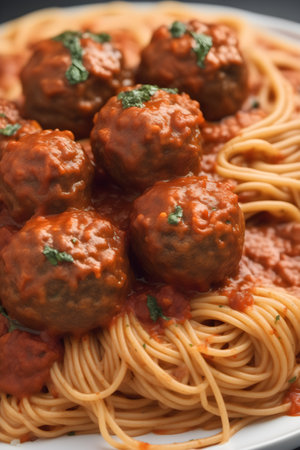 Spaghetti with meatballs in tomato sauce on a plate closeupの素材