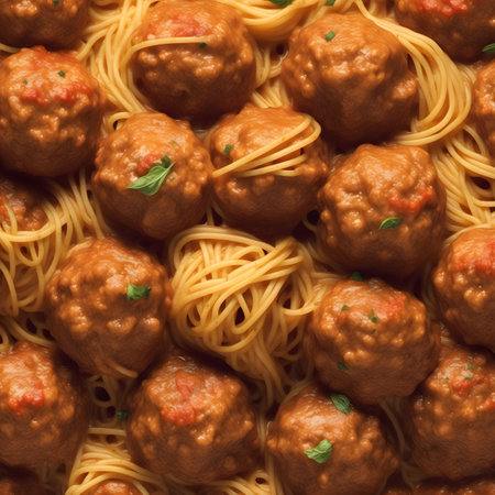 Spaghetti with meatballs and tomato sauce, italian food backgroundの素材