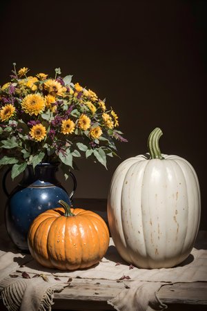 Autumn still life with pumpkins and flowers. Toned.の素材