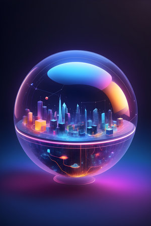 Futuristic crystal ball with glowing city on dark background. 3D renderingの素材