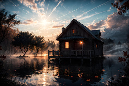 Old wooden house on the lake at sunrise. Autumn landscape. Ukraine, Europe.の素材