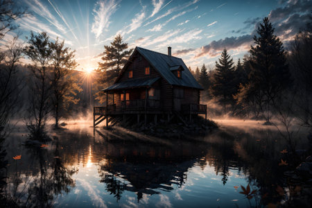 Wooden house on the lake in the forest at sunrise. Beautiful landscape.の素材