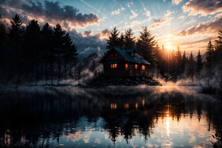 Foggy morning on the lake. Beautiful landscape with wooden houseの素材