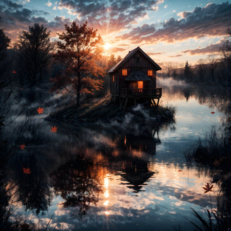 Old wooden house on the shore of the lake in the autumn forestの素材