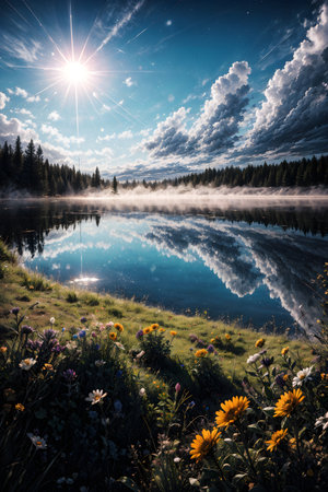 Foggy morning on a mountain lake. Beautiful summer landscape.の素材