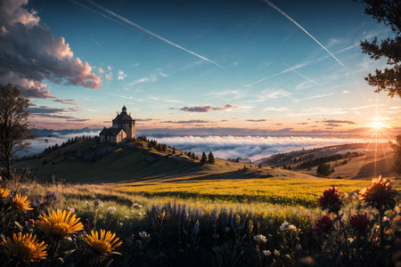 Beautiful sunrise in the Tuscany, Italy. The church of Madonna di Campiglio.の素材