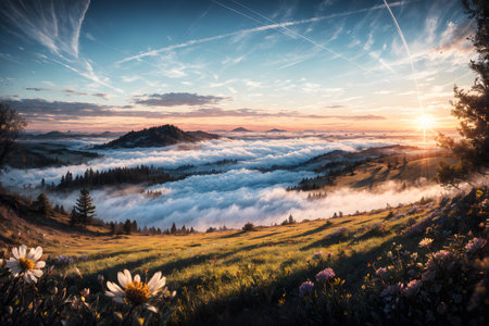 Foggy morning in the Carpathian mountains. Ukraine, Europeの素材