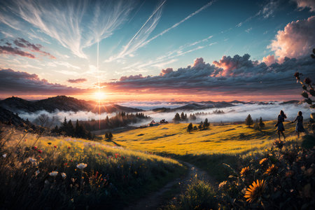 Sunset in the mountains. Beautiful landscape with meadow and sunの素材