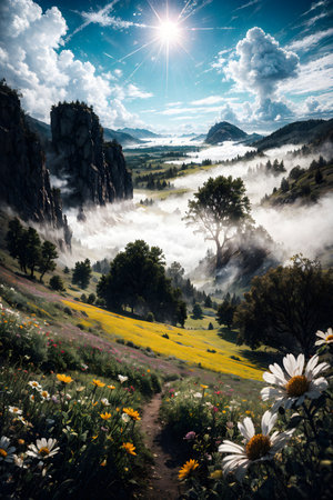 Foggy morning in the mountains. Colorful spring landscape.の素材