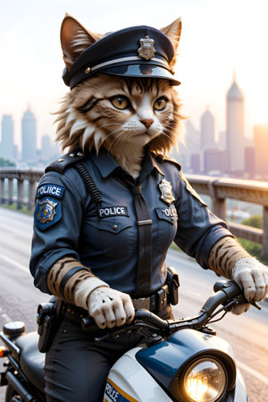 Cute cat in police uniform riding motorcycle on the bridge at sunsetの素材