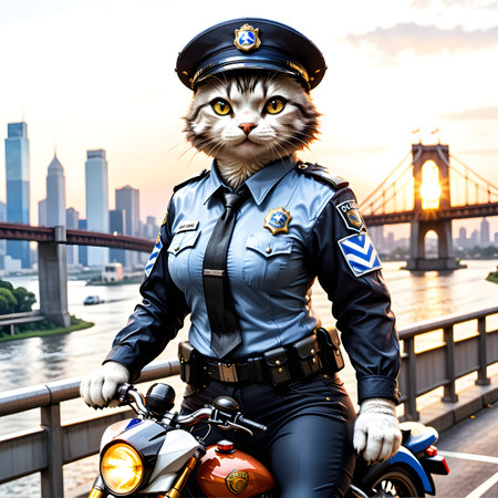 Cute cat in police uniform riding motorcycle on the bridge at sunsetの素材