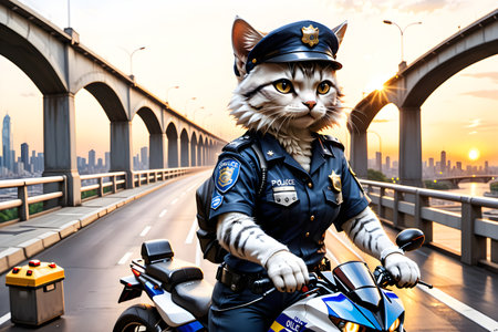Cute cat in police uniform riding motorcycle on the bridge at sunsetの素材