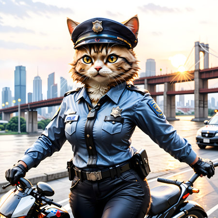 Cute cat in police uniform riding motorcycle on the bridge at sunsetの素材