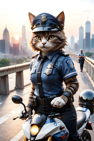 Police officer with a cat on the bridge.の素材