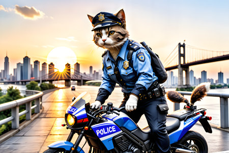 A cat in a police uniform on the background of the city.の素材