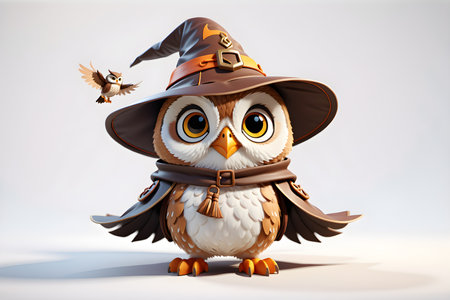 Cute cartoon owl in a witch costume. Halloween. 3d renderingの素材