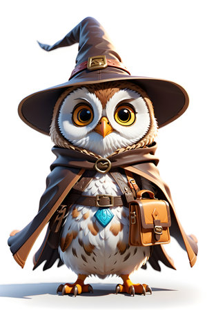 Cute cartoon owl in a witch costume with a hat on a white backgroundの素材