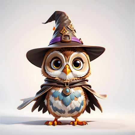 Cute cartoon owl in a witch hat and costume. Vector illustration.の素材