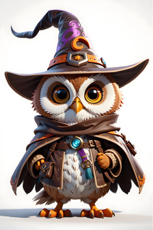 Owl in a witch costume. Halloween. 3D illustration.の素材