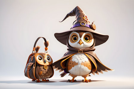 Owl and owl in witch costume on white background. 3d illustrationの素材