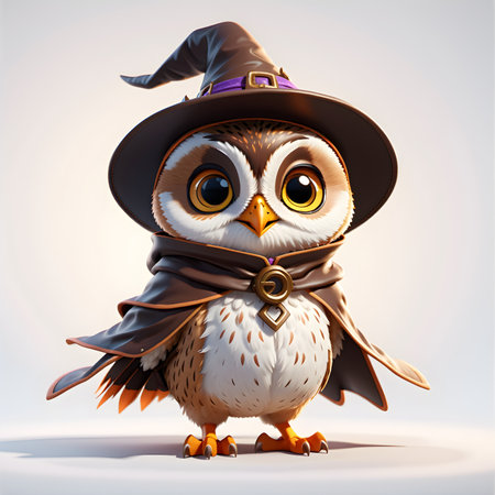 Owl in a witch costume. Halloween. 3D rendering.の素材