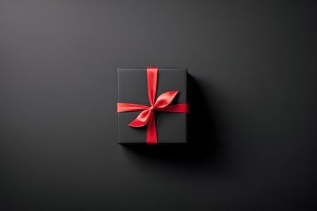 Black gift box with red bow on black background. Top view.の素材