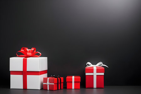 Gift boxes on black background. Christmas and New Year concept.の素材
