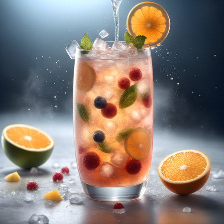 Cocktail with orange, berry and ice on dark backgroundの素材