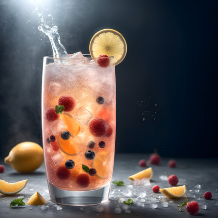 Cocktail with fresh berries, lemon and ice on dark backgroundの素材