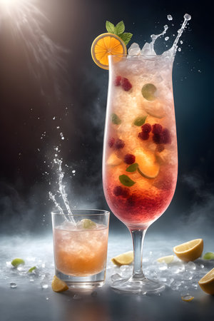 Cocktail with orange, berries and ice splash on dark backgroundの素材