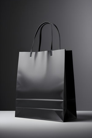 Black paper shopping bag on grey background. 3d rendering. Mock up.の素材