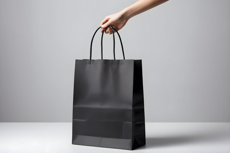 Female hand holding black shopping bag on grey background. Mock up.の素材