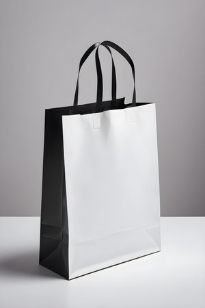 Black and white paper shopping bag isolated on grey background. Mock upの素材